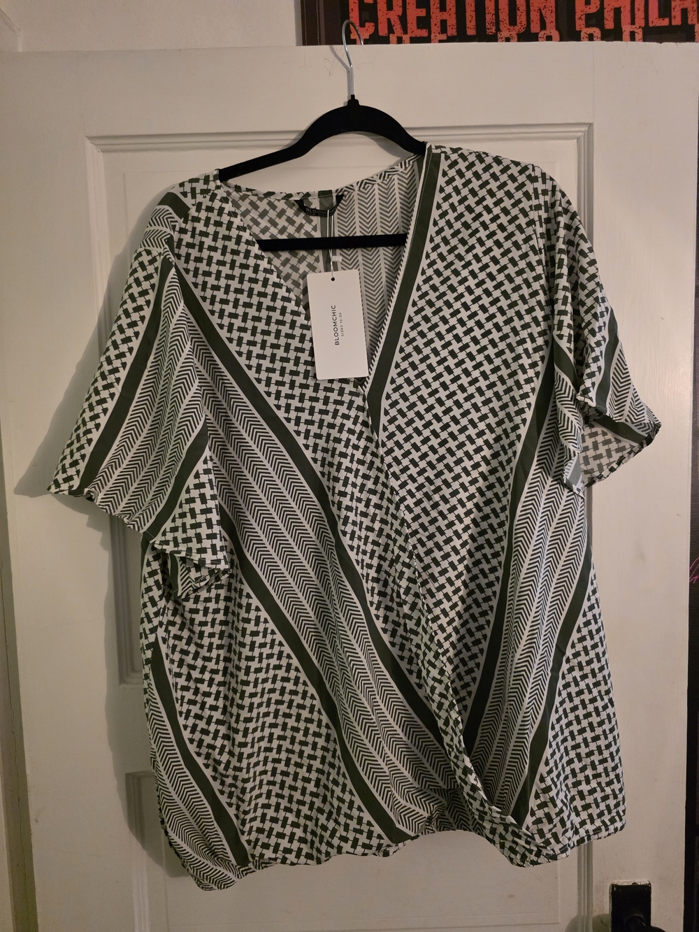 BloomChic Olive & White Geometric Wrap Blouse